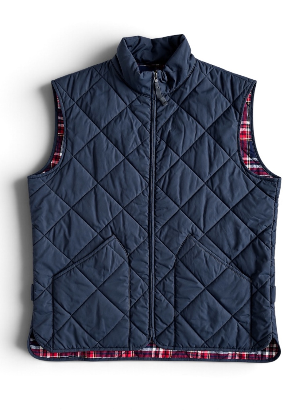 J. Crew Authentic Outerwear Quilted Vest Navy Plaid Lining Size Large